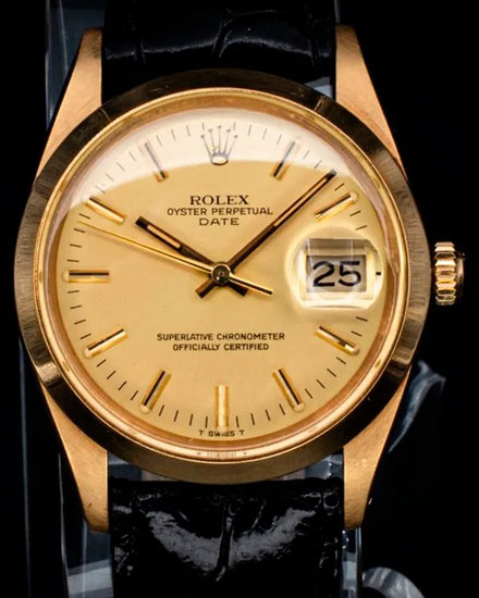 Rolex Oyster Perpetual Date 34MM Champagne Dial Aftermarket Leather Strap  (15008)