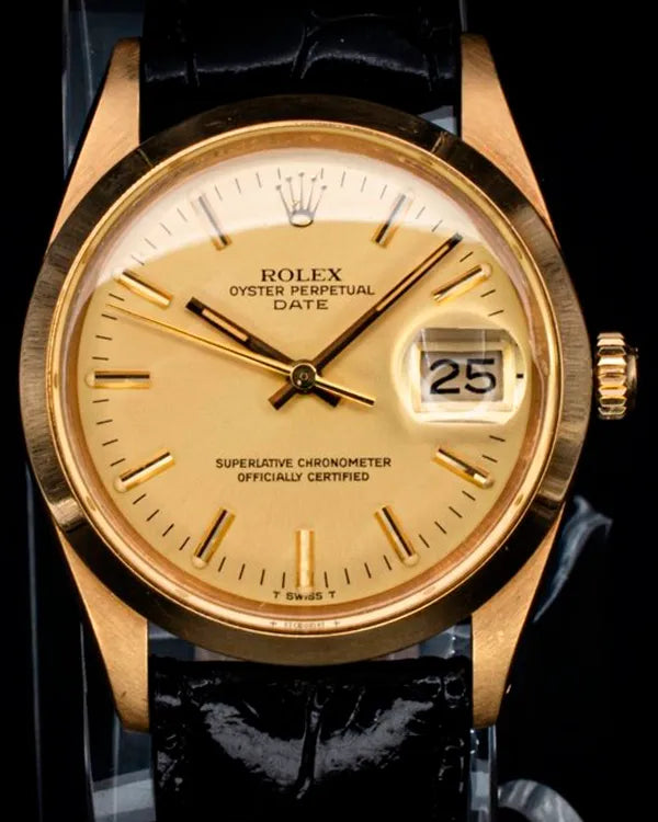 Rolex Oyster Perpetual Date 34MM Champagne Dial Aftermarket Leather Strap  (15008)
