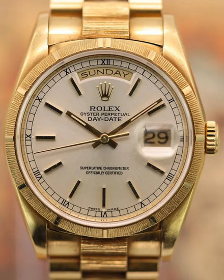 1989 (L Serial) Rolex Day-Date 36MM Silver Dial Yellow Gold "Bark" President Bracelet (18248)