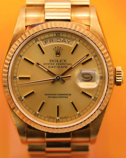 1987 (9.6 Mill Serial) Rolex Day-Date 36MM Champagne Dial Yellow Gold President Bracelet (18038)