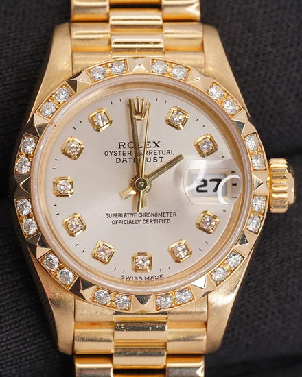 Rolex Lady-Datejust "Pyramid Bezel" 26MM White Dial Yellow Gold President Bracelet (69258)