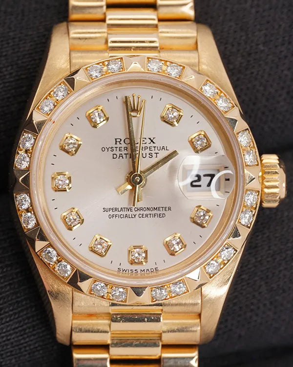 Rolex Lady-Datejust "Pyramid Bezel" 26MM White Dial Yellow Gold President Bracelet (69258)
