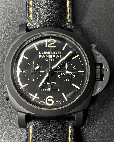 2015 Panerai Luminor 1950 8 Days Chrono Monopulsante GMT 44MM Black Dial Leather Strap (PAM00317)