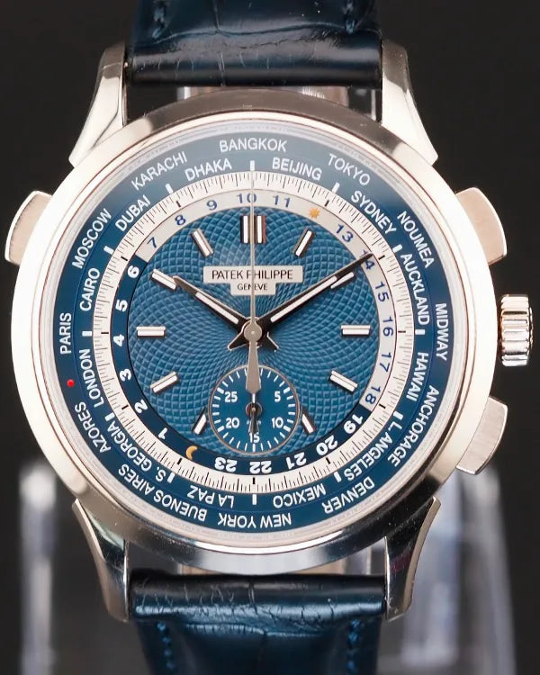 2021 Patek Philippe World Time Chronograph 39.5MM Blue Dial Leather Strap (5930G-010)