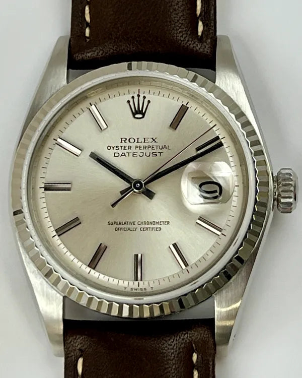 Rolex Datejust 36MM Silver "Pie Pan" Dial Aftermarket Leather Strap (1601)