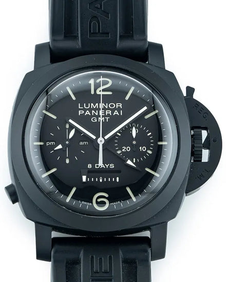 2012 Panerai Luminor 1950 8 Days Chrono Monopulsante GMT 44MM Black Dial Rubber Strap (PAM00317)