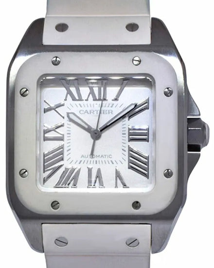 Cartier Santos 100 de Cartier 33MM Silver Dial Rubber Strap (W20122U2)