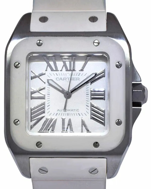 Cartier Santos 100 de Cartier 33MM Silver Dial Rubber Strap (W20122U2)