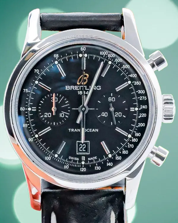 Breitling Transocean Chronograph 38MM Black Dial Leather Strap (A4131012/BC06)