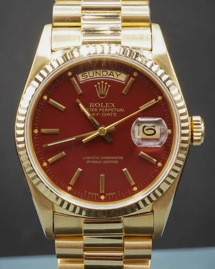 1988 Rare Rolex Day-Date 36MM Oxblood Stella Dial Yellow Gold President Bracelet (18038)