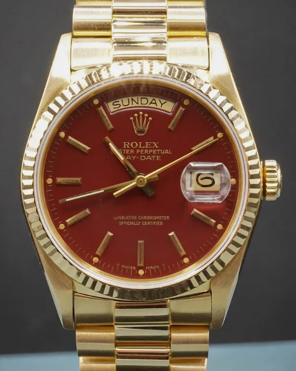 1988 Rare Rolex Day-Date 36MM Oxblood Stella Dial Yellow Gold President Bracelet (18038)