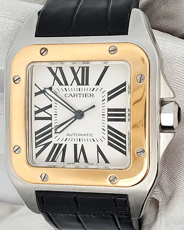 Cartier Santos 100 De Cartier 38MM Silver Dial Aftermarket Leather Strap (W20072X7)