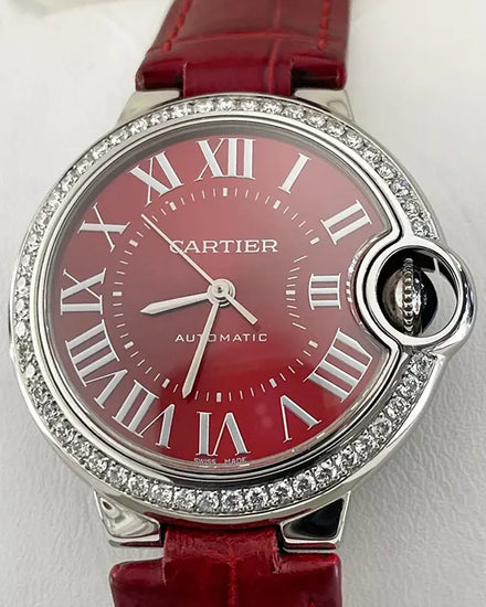2021 Cartier Ballon Bleu 33MM Red Dial Leather Strap (WSBB0022)