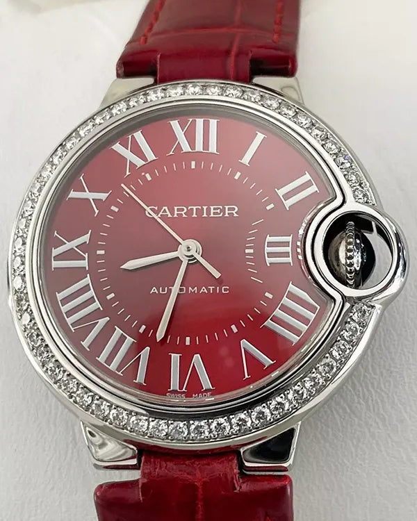 2021 Cartier Ballon Bleu 33MM Red Dial Leather Strap (WSBB0022)