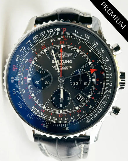 2019 Breitling Navitimer GMT B04 Chronograph L.E. 48MM Black Dial Leather Strap (AB04413A/F573)