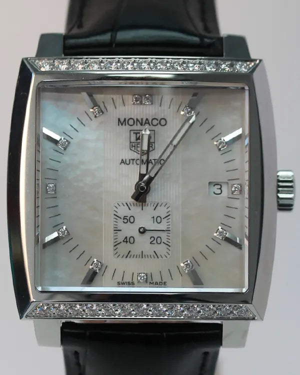 2012 Tag Heuer Monaco 37MM Mother of Pearl Dial Leather Strap (WW2114.FC6215)
