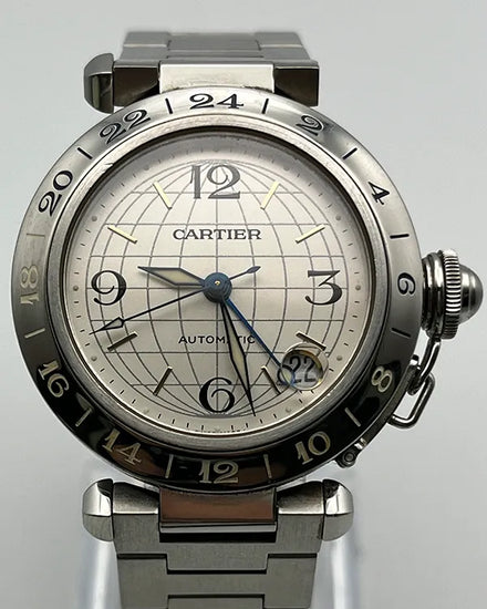 Cartier Pasha De Cartier C Meridian GMT 35MM Silver Dial Steel Bracelet (W31029M7)