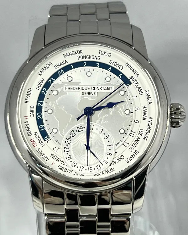 Frederique Constant Worldtimer Manufacture 42MM Silver Dial Steel Bracelet (FC718WM4H6B)