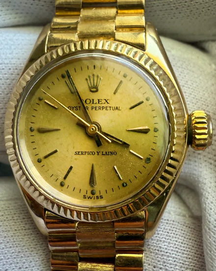 Rolex Oyster Perpetual 26MM Champagne Dial Yellow Gold "Bark" President Bracelet (6619)