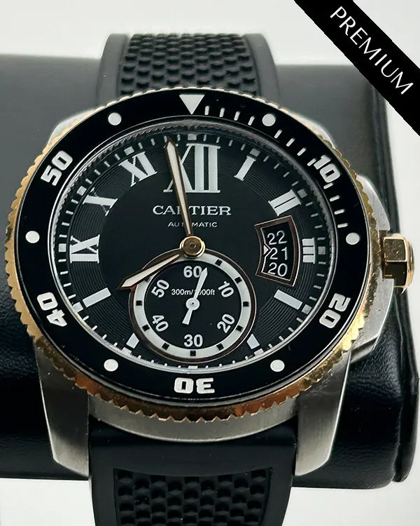 2014 Cartier Calibre de Cartier Diver 42MM 18k Rose Gold Black Dial Rubber Strap (W7100055)