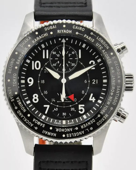 2018 IWC Schaffhausen Pilot Timezoner Chronograph 46MM Black Dial Leather Strap (IW395001)