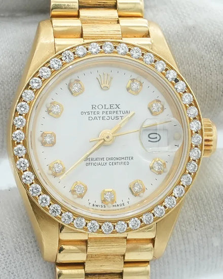 Rolex Lady-Datejust 26MM White Dial Yellow Gold President Bracelet (69278)