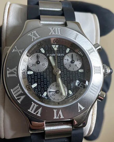 Cartier 21 Chronoscaph 38MM Quartz Black Dial Steel/Rubber Bracelet (W10125U2)