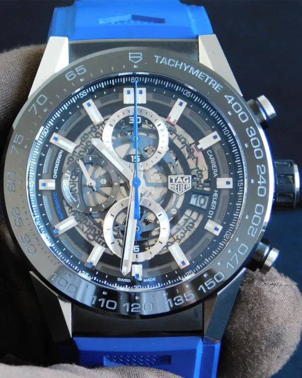 2016 Tag Heuer Carrera Calibre "Pool Touch Edition" 45MM Skeleton Dial Rubber Strap (CAR2A1T.FT6052)