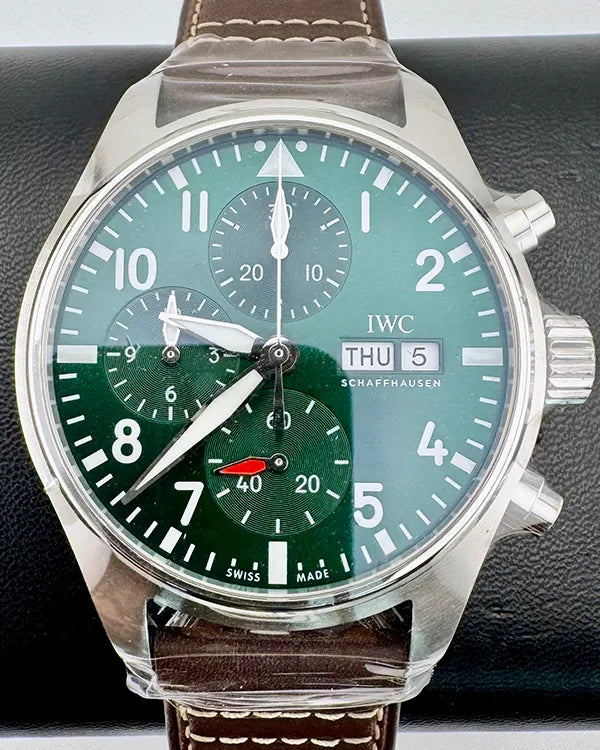 No Reserve - 2024 IWC Schaffhausen Pilot Chronograph 41MM Green Dial Leather Strap (388103)