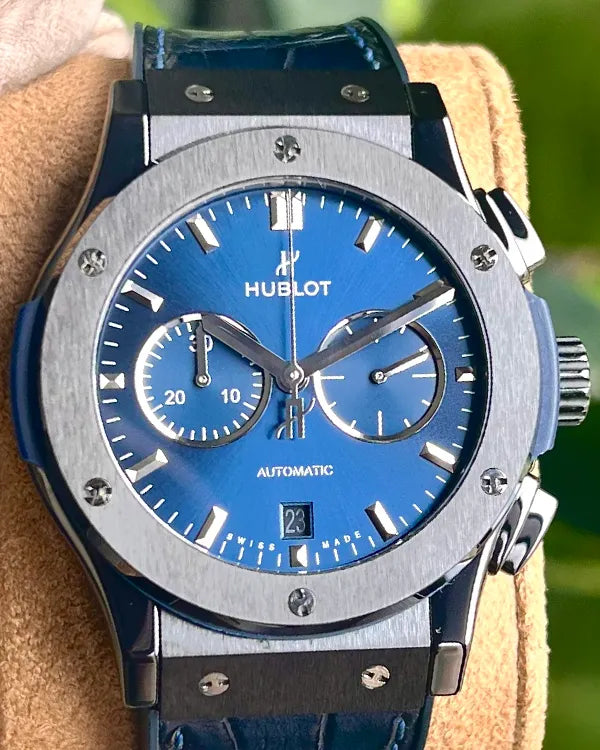 No Reserve - Hublot Classic Fusion Chronograph 42MM Blue Dial Leather Strap (541.CM.7170.LR)
