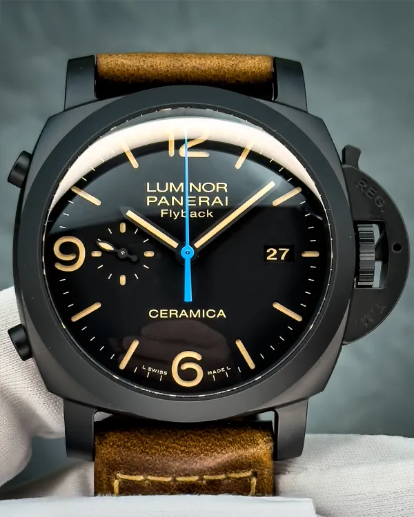 2022 Panerai Luminor 1950 3 Days Chrono Flyback 44MM Black Dial Leather Strap (PAM00580)