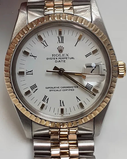 Rolex Oyster Perpetual Date 34MM White "Sigma" Dial Two-Tone Jubilee Bracelet (15053)