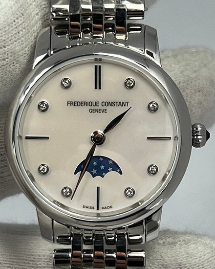 Frederique Constant Slimline Moonphase 30MM Quartz Mother of Pearl Dial Steel Bracelet (FC-206MPWD1S6B)