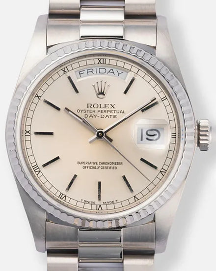1988 (R Serial) Rolex Day-Date 36MM Silver Dial White Gold President Bracelet (18039)