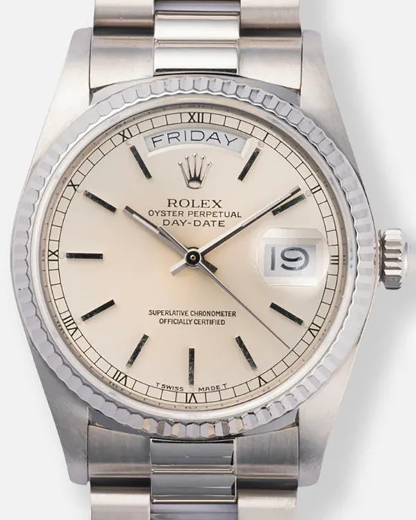 1988 (R Serial) Rolex Day-Date 36MM Silver Dial White Gold President Bracelet (18039)