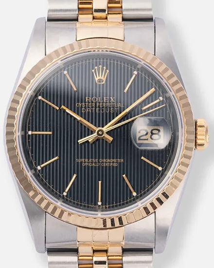1996 (T Serial) Rolex Datejust 36MM Black "Tapestry" Dial Two-Tone Jubilee Bracelet (16233)