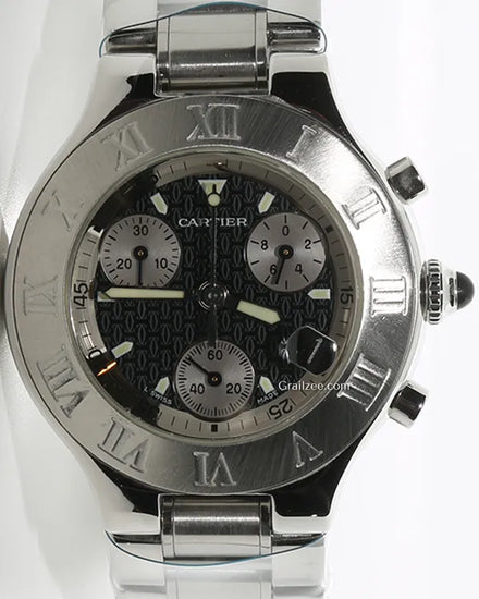 Cartier 21 Chronoscaph 38MM Quartz Black "Double C Motif" Dial Steel Bracelet (W10172T2)