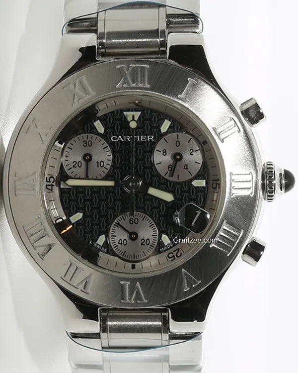 Cartier 21 Chronoscaph 38MM Quartz Black "Double C Motif" Dial Steel Bracelet (W10172T2)