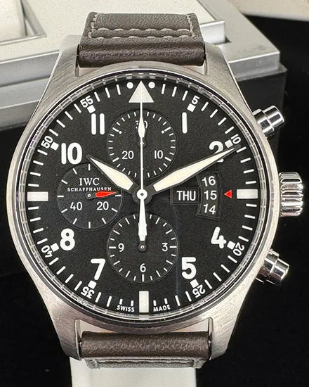 2014 IWC Schaffhausen Pilot Chronograph 43MM Black Dial Leather Strap (IW377701)