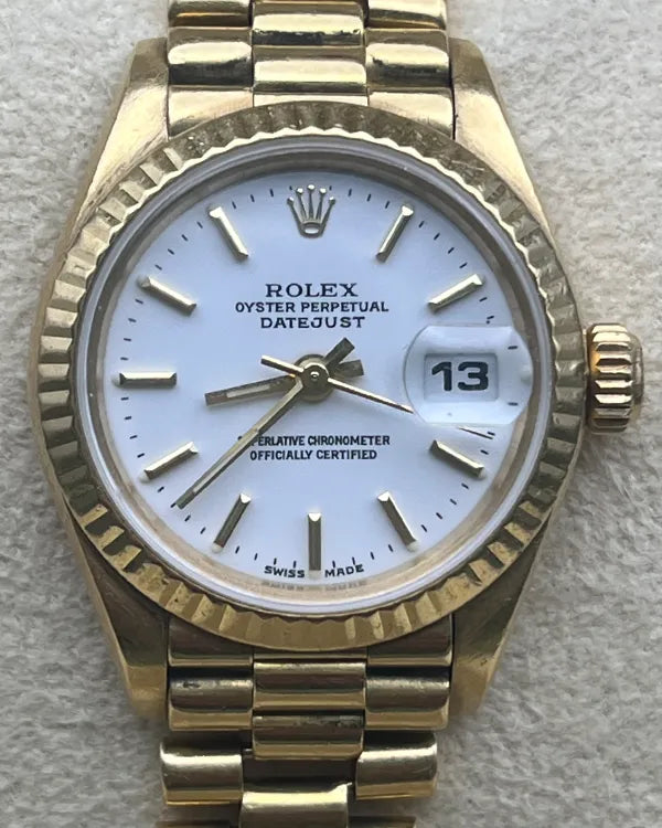 Rolex Lady-Datejust 26MM White Dial Yellow Gold President Bracelet (69178)