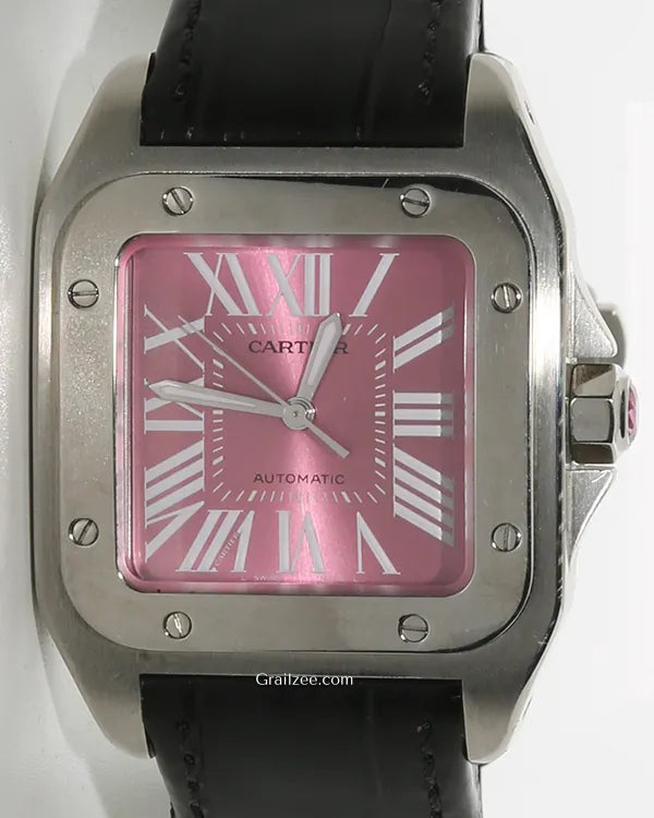 Cartier Santos 100 33MM Pink Dial Leather Strap (W20133X8)