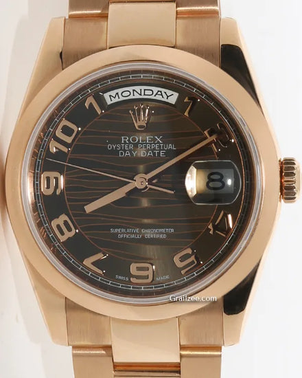 Rolex Day-Date 36MM Chocolate "Wave" Dial Rose Gold Oyster Bracelet (118205)