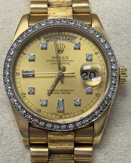 Rolex Day-Date 36MM Aftermarket Champagne Dial Yellow Gold "Bark-Finish" President Bracelet (18038)