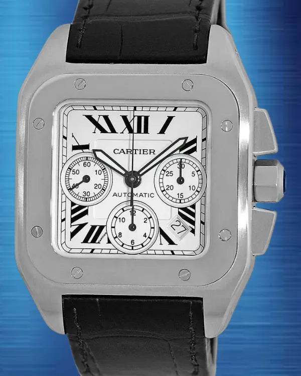 Cartier Santos 100 XL Chronograph 41MM White Dial Leather Strap (W20090X8)