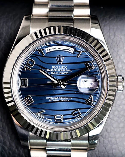 Rolex Day-Date II 41MM Blue "Wave" Dial White Gold President Bracelet (218239)