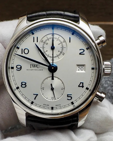 2021 IWC Schaffhausen Portugieser Chronograph 42MM Silver Dial Leather Strap (IW390302)