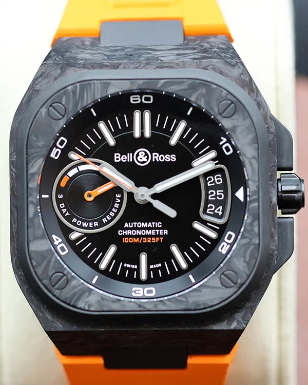 No Reserve - 2023 Bell & Ross BR-X5 Carbon Orange L.E. 41MM Black Dial Rubber Strap (BR-X5R-BO-TC/SRB)