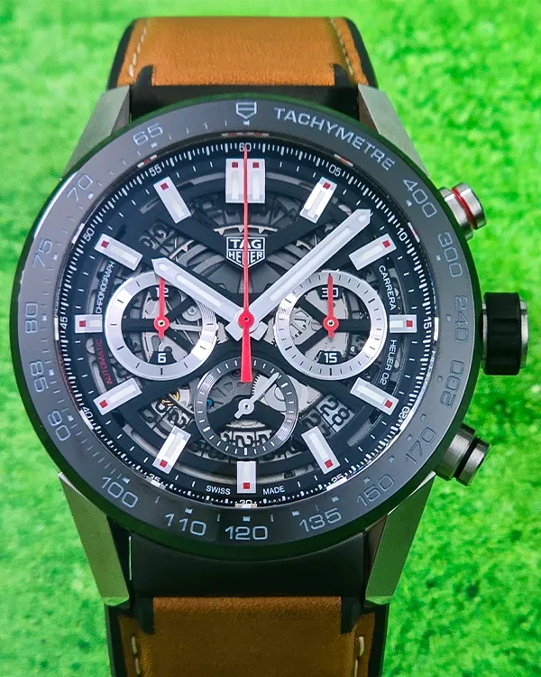 No Reserve 2025 Tag Heuer Carrera 45MM Skeleton Dial Leather Strap (CBG2A10.FT6169)