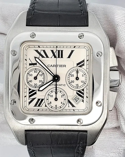 Cartier Santos 100 XL Chronograph 41MM White Dial Leather Strap (W20090X8)