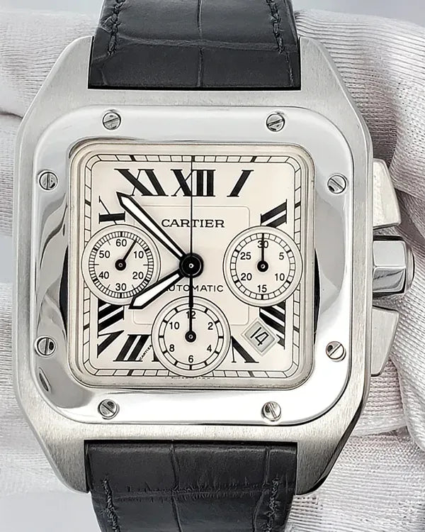 Cartier Santos 100 XL Chronograph 41MM White Dial Leather Strap (W20090X8)
